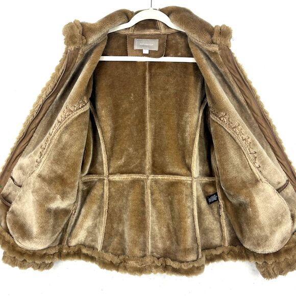 Faux Suede Jacket Womens SZ XL Faux Fur Trim Hood Embroidered Floral Soft Brown - Picture 7 of 11